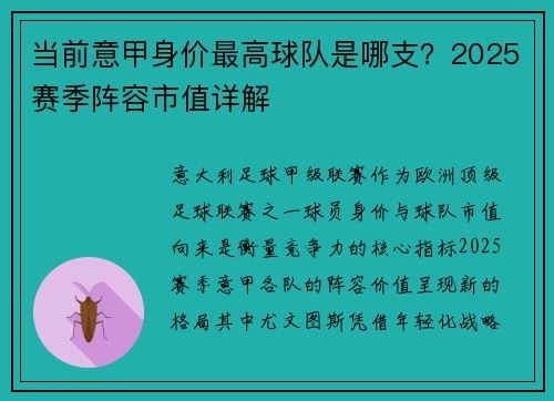 当前意甲身价最高球队是哪支？2025赛季阵容市值详解