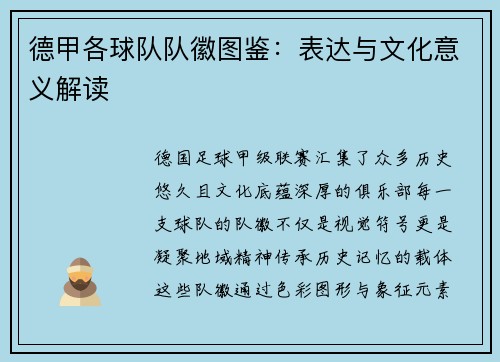 德甲各球队队徽图鉴：表达与文化意义解读